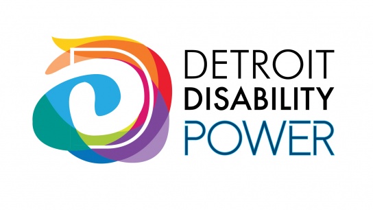 Detroit Disability Power logo: A swirled shape in a rainbow of colors, next to the words Detroit Disability Power