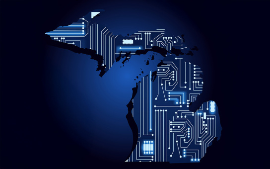 Illustration of a world map outlined in a circuit board design on a dark blue background, symbolizing global technology and connectivity.