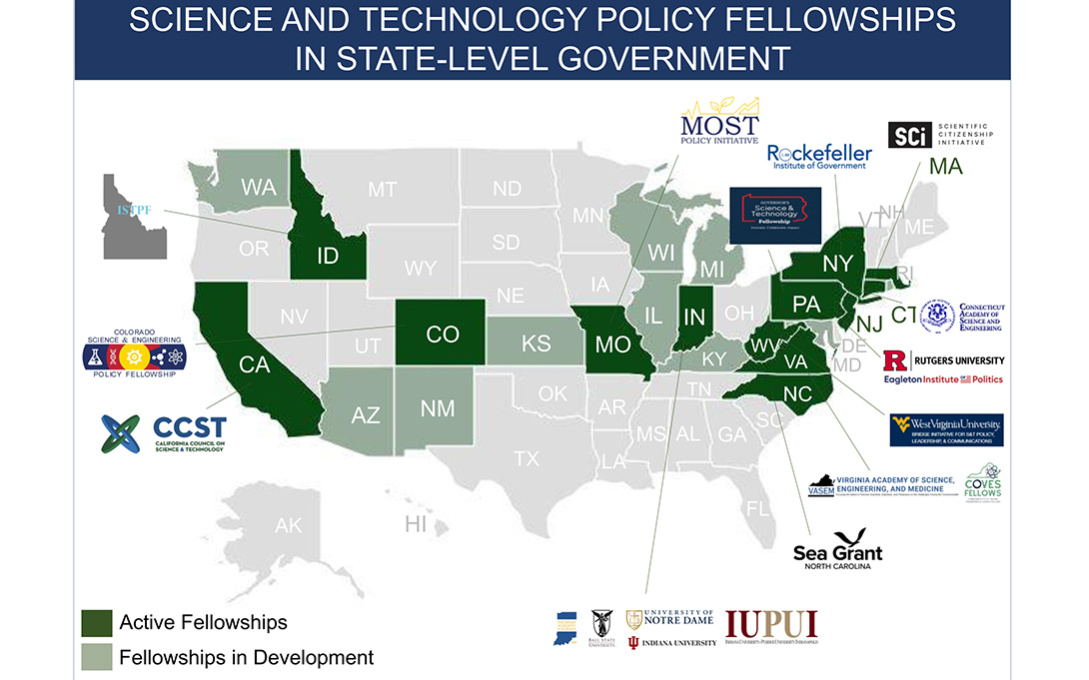 A map showing science and technology fellowships in state-level government, including a distinction of active fellowships and partnerships in development